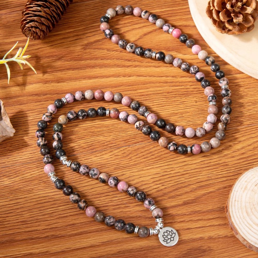 Rhodonite Rhodochrosite 108 mala Bead Prayer Healing Meditation Lotus Bracelet